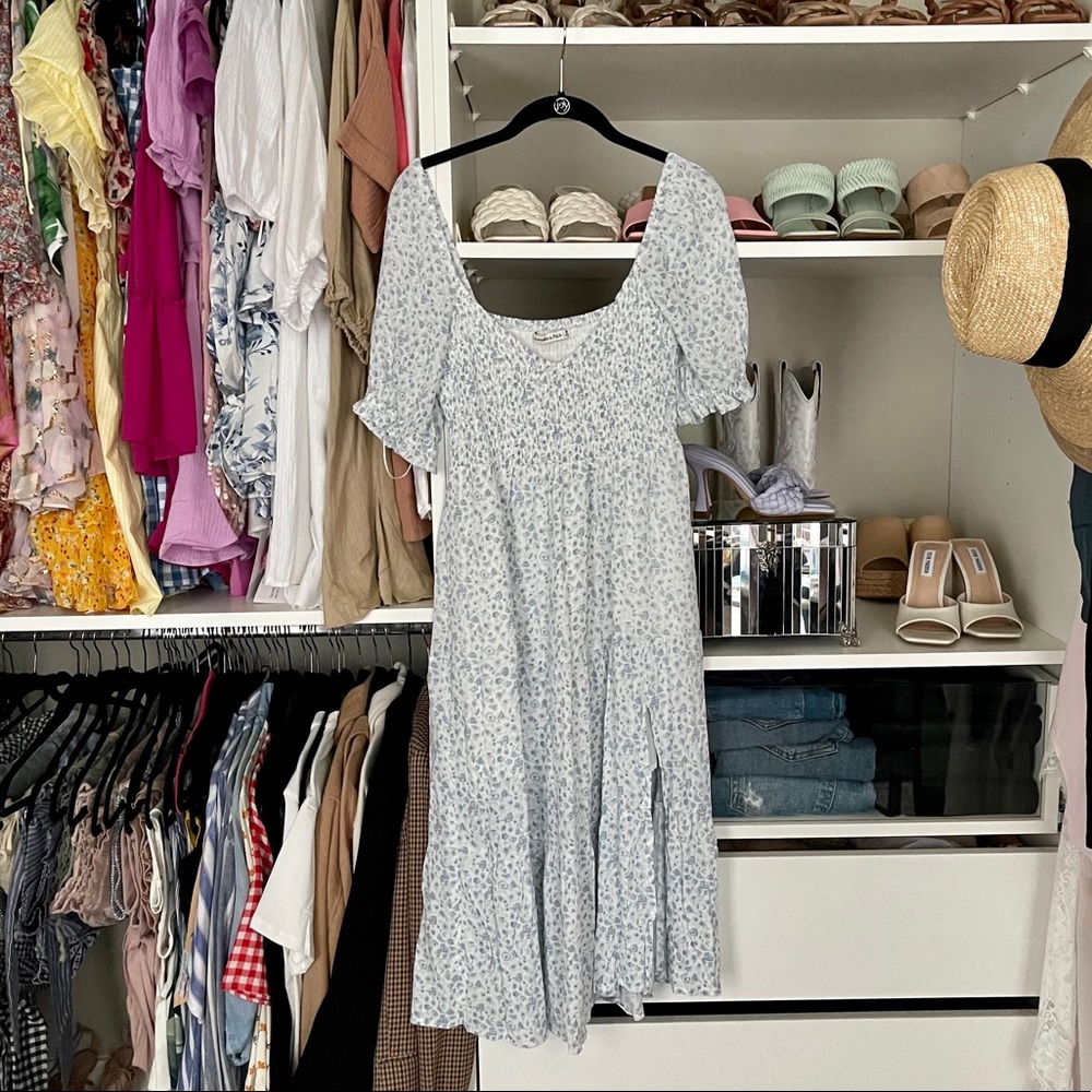 A&F blue floral smocked midi dress